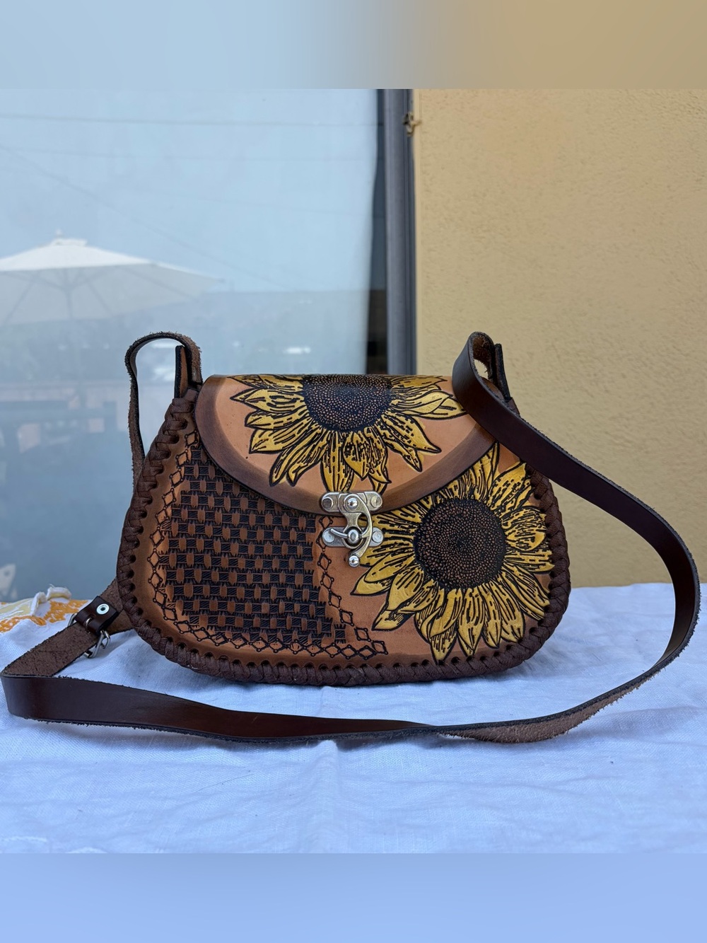 Sunflower Hand Tooled Leather Crossbody Bag, Boho Summer Western Festival